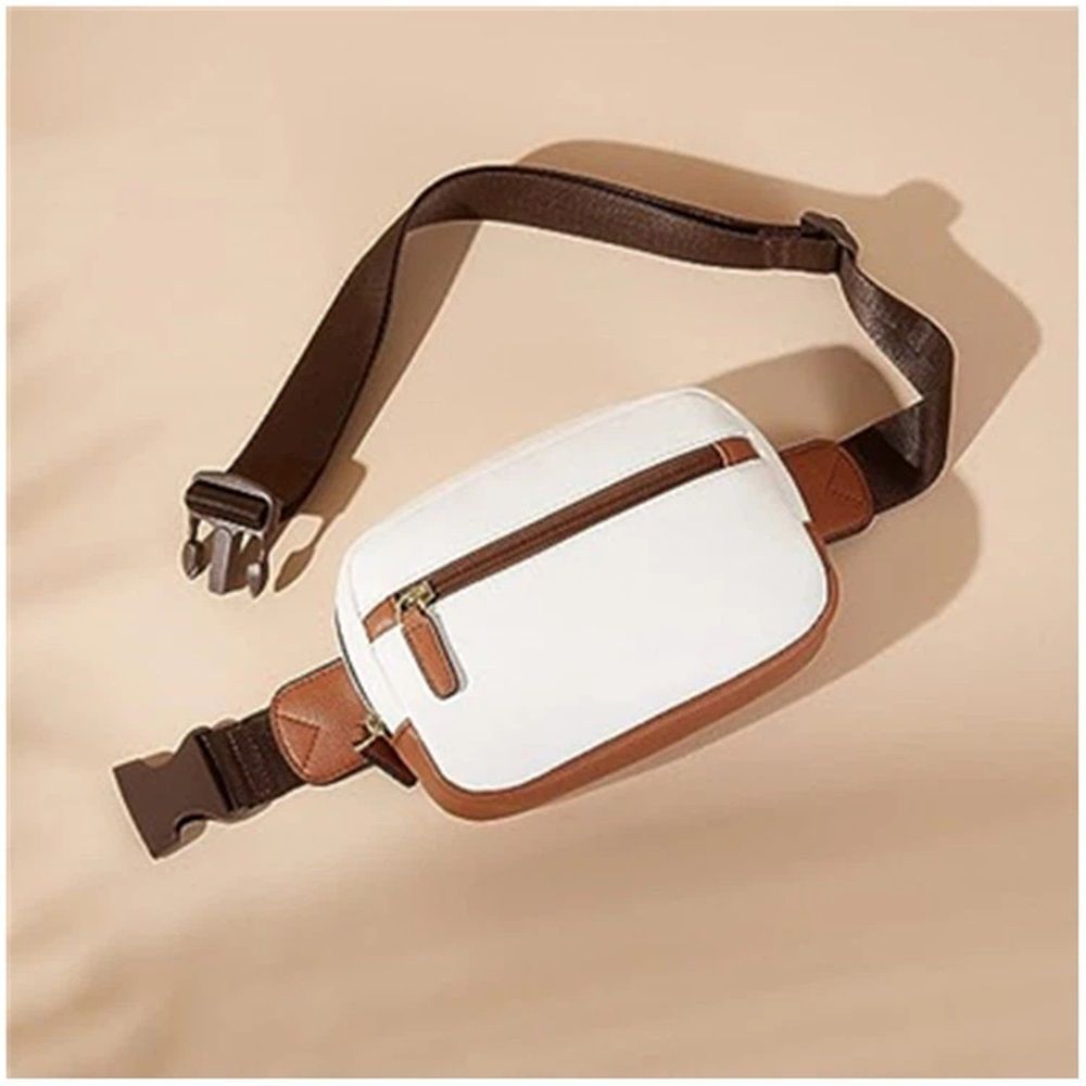Women's PU leather fashionable waist with adjustable shoulder straps and a cross belly fashionable waist bag (white brown)