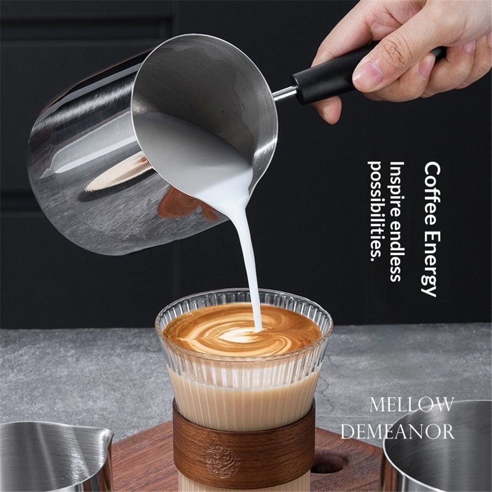 Classics Coffee Pot, 12oz/350ml Stainless Steel Milk Frothing Jug Long Handle Coffeware Pull Flower Toroid Pitcher Milk Warmer Hot Chocolate Maker