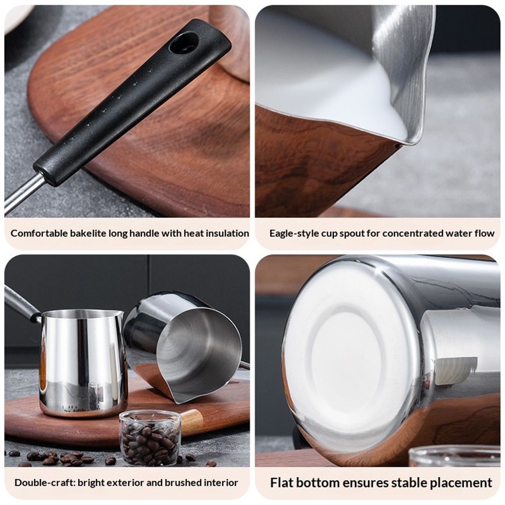 Classics Coffee Pot, 12oz/350ml Stainless Steel Milk Frothing Jug Long Handle Coffeware Pull Flower Toroid Pitcher Milk Warmer Hot Chocolate Maker