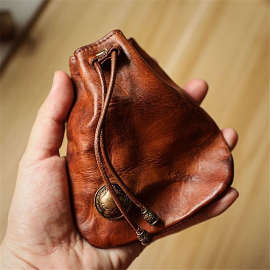 Simple Retro Storage Bag New Leather Drawstring Coin Purse Small Purses Wallets for Women Man Leather Coin Pouch Change Purse Mini Coin Purse Keychain Wallet Mens Coin Pouch (Brown)
