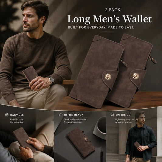 Retro All-Solid Long Men Hand Wallet 2 Pcs Set, Magnetic Portable Multi-Slot Billfold, Exquisite Daily Gift Pack, Coffee