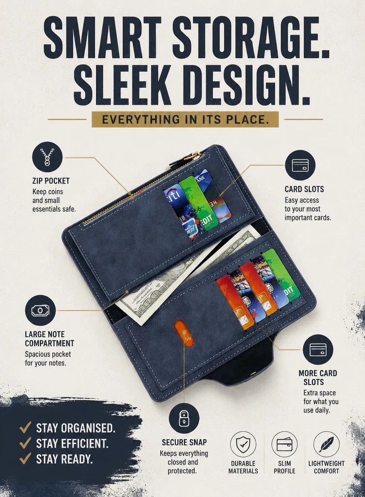 Two-Tone Solid Long Men Wallet 2 Pcs Set, Magnetic Multi-Card Hand Clutch, Portable Daily Money Clip, Versatile Gifting Choice, Black & Blue