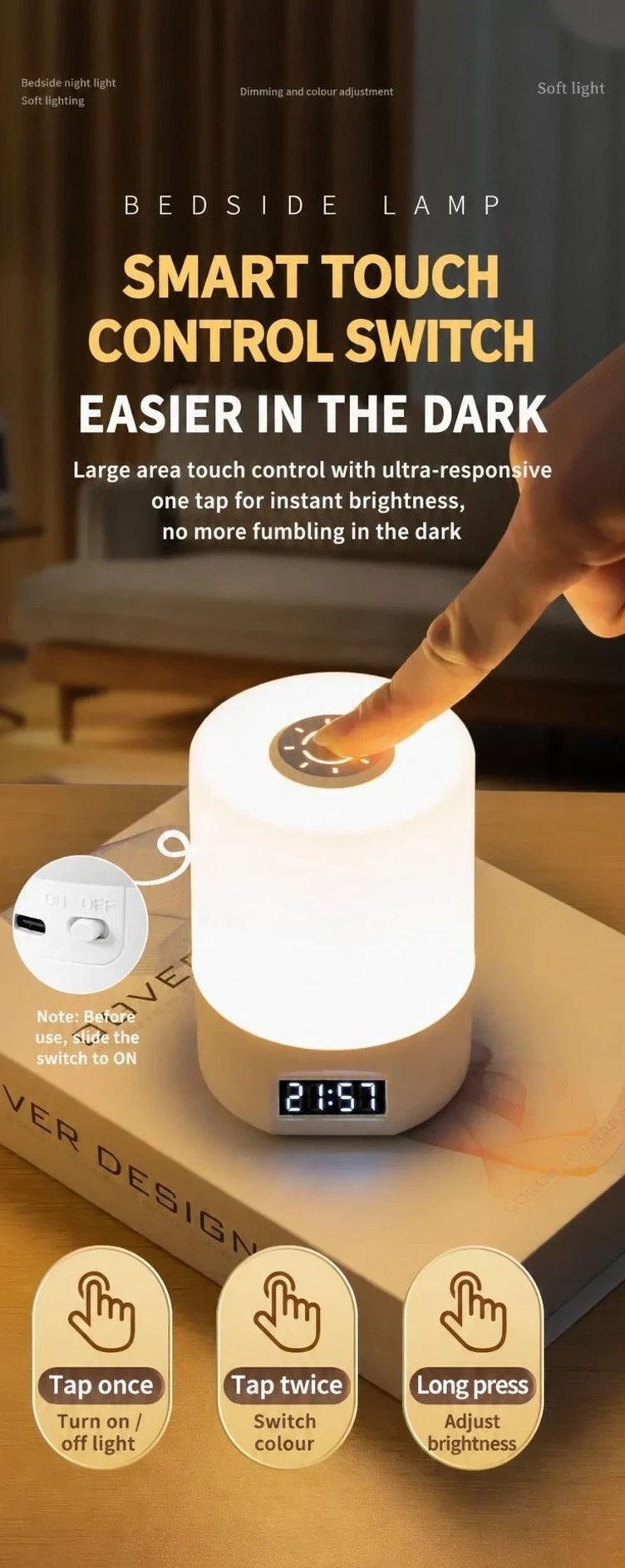 LED USB Night Light With Clock Display, Touch Operated, 3 Color Dimmable, Dual Power Supply, Suitable For Bedside, Late Reading, Practical Family Gift