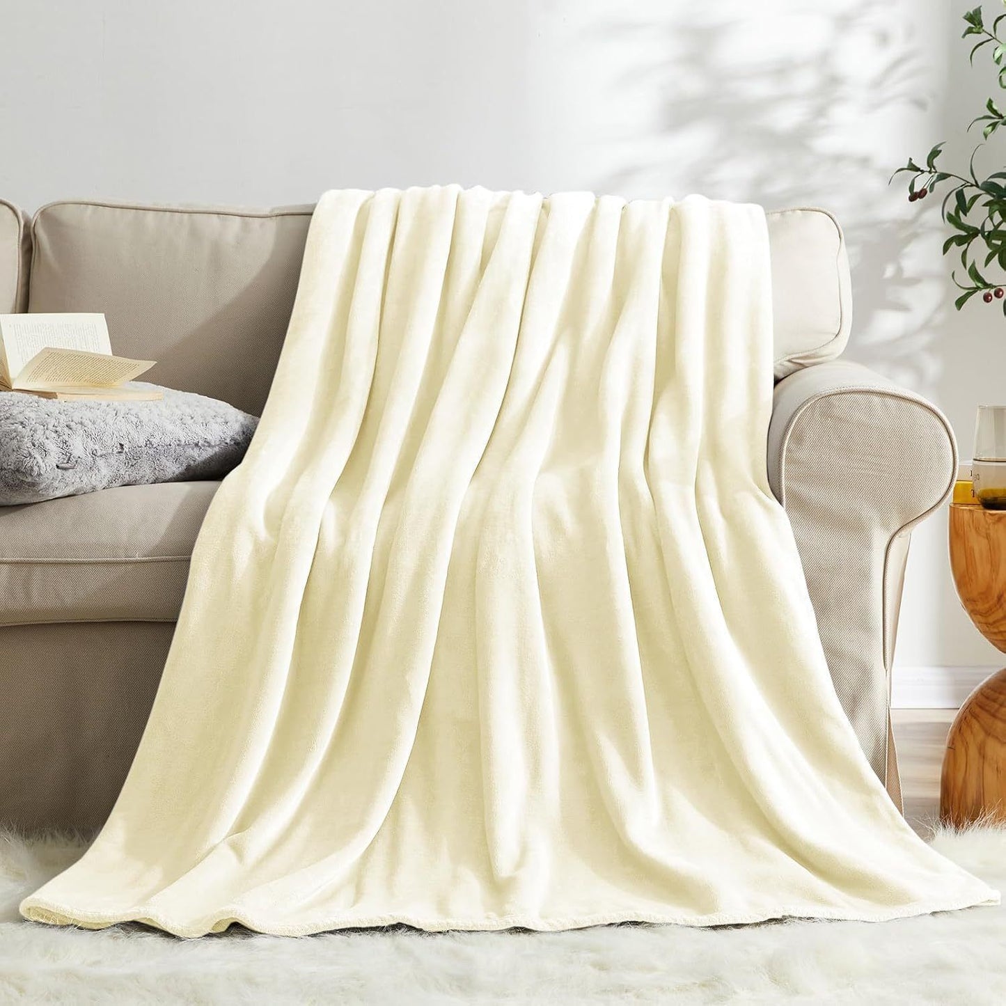 Soft Flannel Fleece Mini Throw Blanket, Light Warm Plush Cover For Daily Use, Off White, 70X100cm, Size XS, Convenient Portable Home Rug