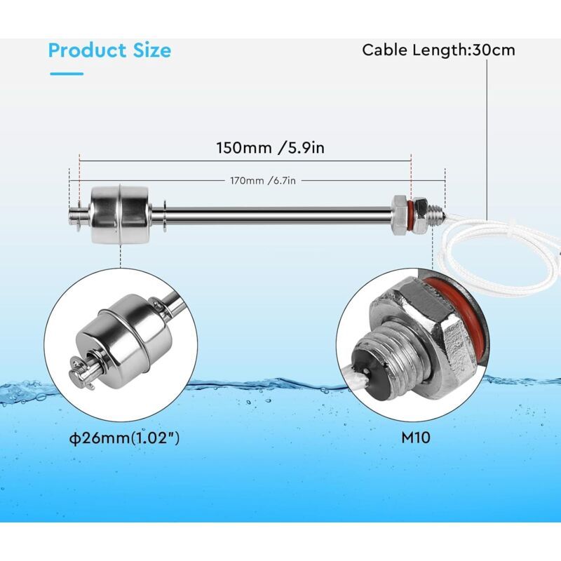 Float Switch in Stainless Steel Water Level Regulator 0 220 V Pool, Pond Liquid Level Sensor Water Level Sensor M10, for Pump a Water, 150 mm
