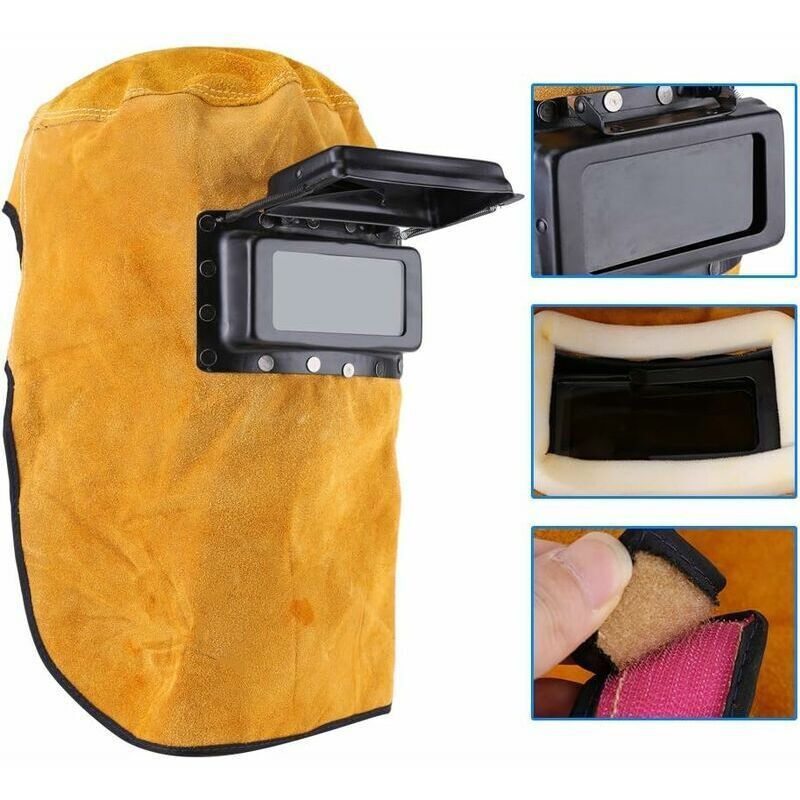 Protective Mask for Welding Helmet Breathable., Leather Lens Heat Resistant Full Protection Welding Hood with Flap