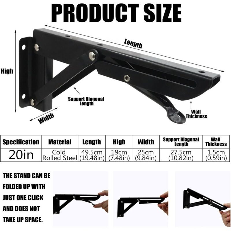 2 Pcs Heavy Duty Folding Shelf Brackets Wall, Mounted Fold Down Supports, 150kg Load Capacity, 500mm