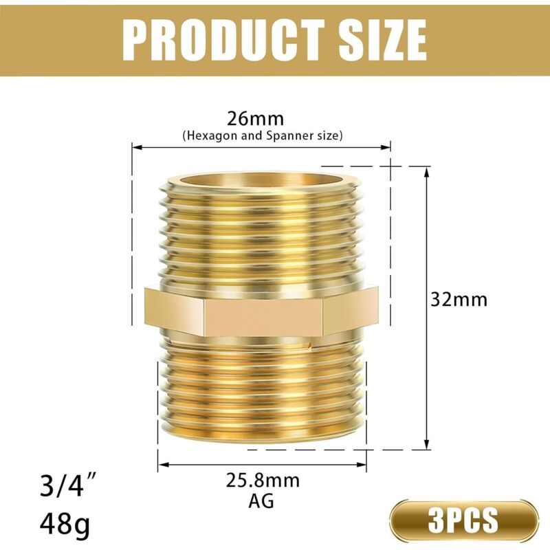 3 Pcs Double Nipple Thread Outdoor in Brass Rust, Robust and Anti-Double Hexagonal Nipple Fittings in Brass Suitable for Drinking Water, 0.75 Inch