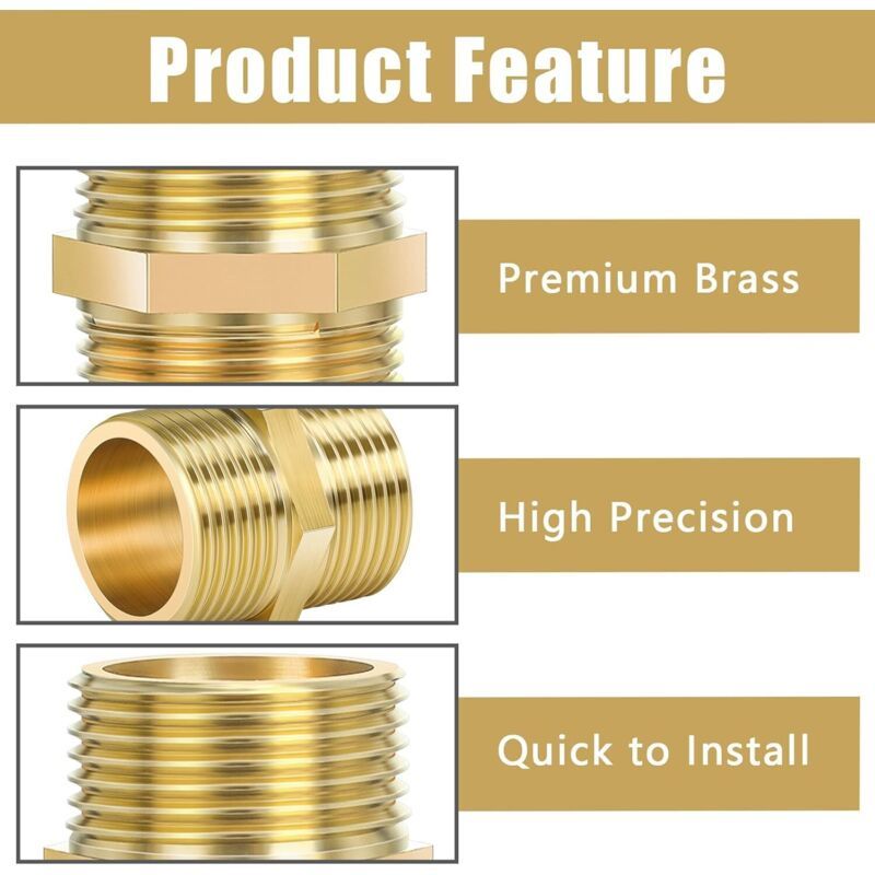 3 Pcs Double Nipple Thread Outdoor in Brass Rust, Robust and Anti-Double Hexagonal Nipple Fittings in Brass Suitable for Drinking Water, 0.75 Inch