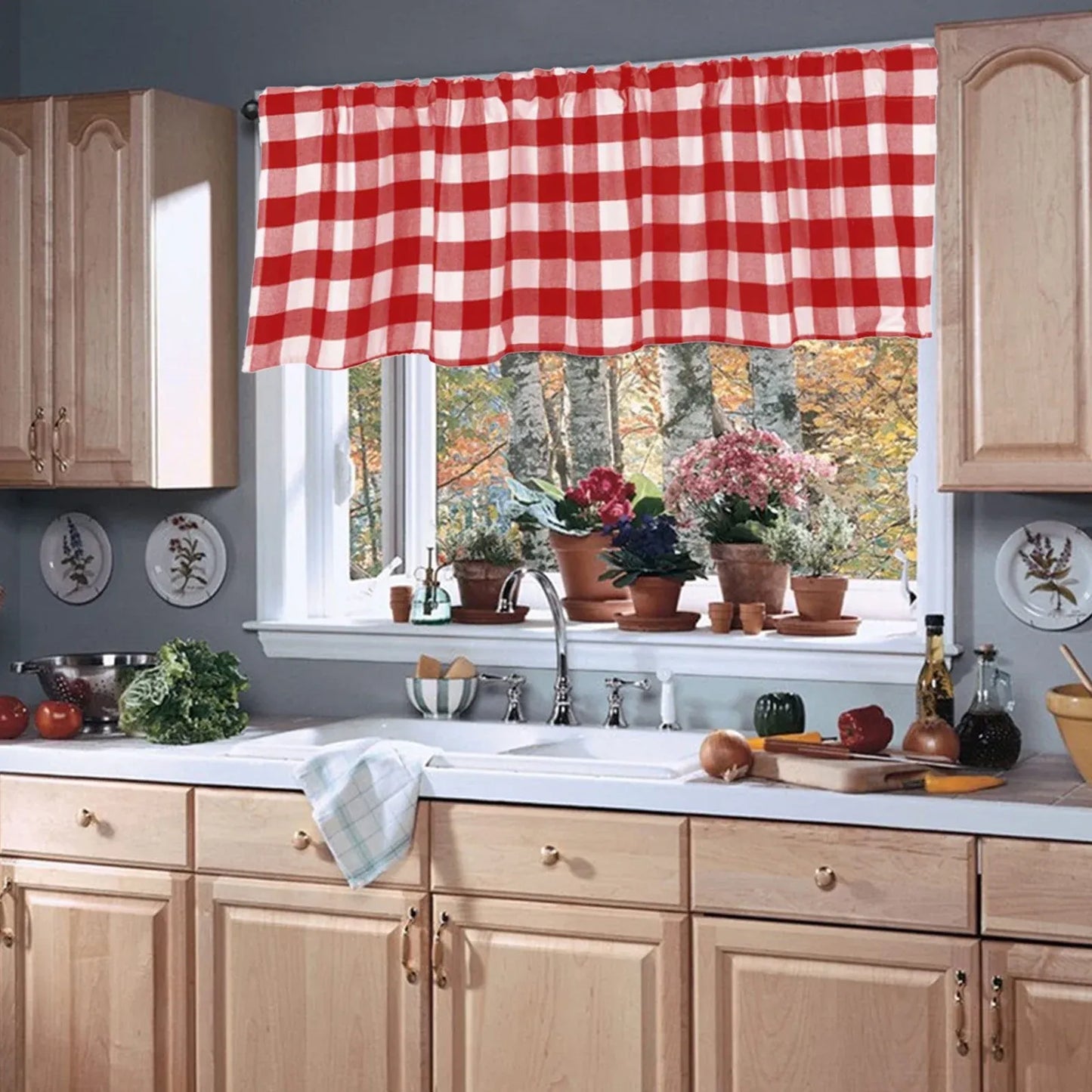 Plaid Window Valance Curtain, Farmhouse Kitchen Bedroom Living Room Decor, 15 x 55 in