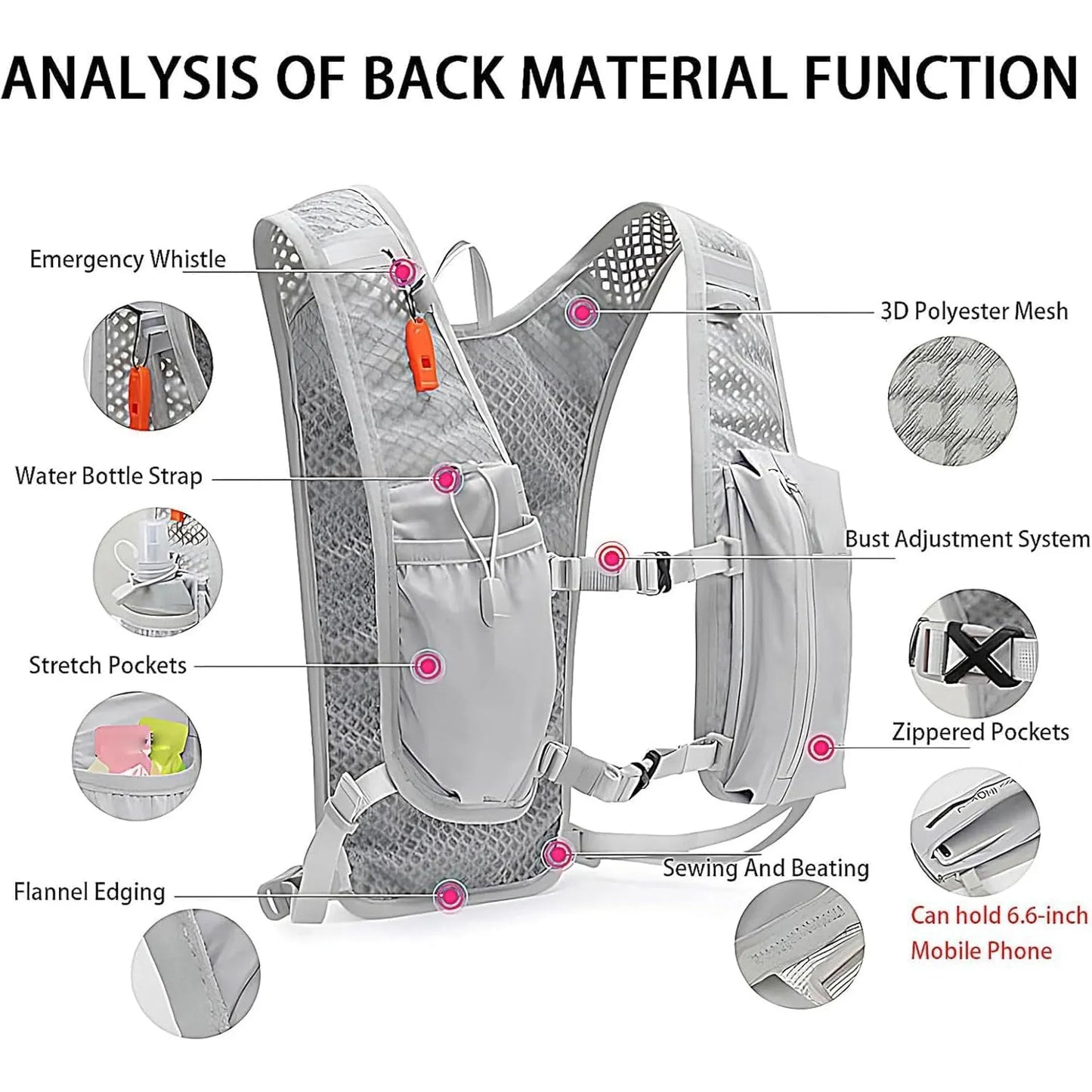 Grey Lightweight Running Vest for Women, Breathable Hydration Backpack for Hiking Running and Biking