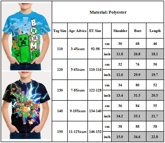 Minecraft T-shirt for boys and girls, cute pattern design, cartoon print, round neck, funny short sleeve top, casual spring summer children G 150cm