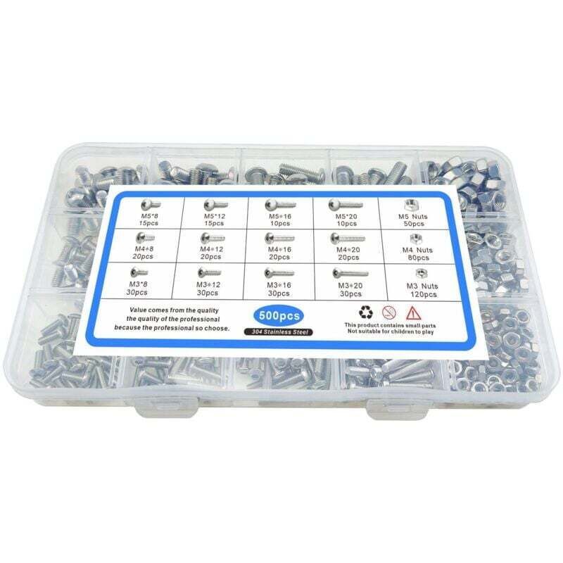 500 Pcs Stainless Steel Box Set M3 M4 M5 Round Head Bolt Screw Nut Disc Head Internal Hex Screw