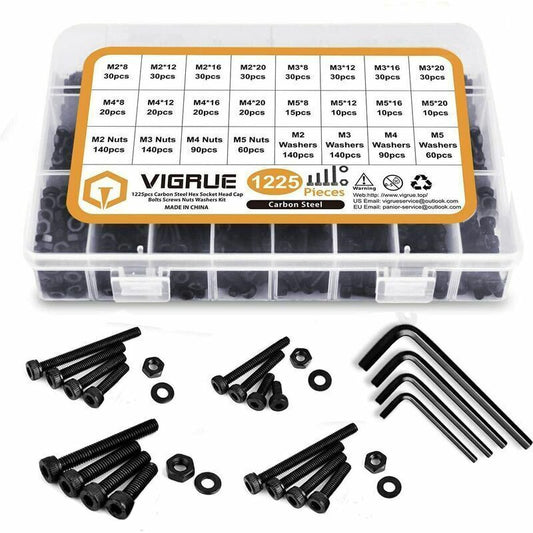 1225 Pcs Kit M2 M3 M4 M5 Carbon Steel Hex Socket Head Cap Bolts Screws with Nuts Assortment, Black