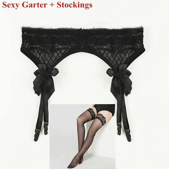 House Of Dasein Lace Top Stockings Garter Belt Erotic Lingerie Bdsm Fetish - Black - Stocking Set