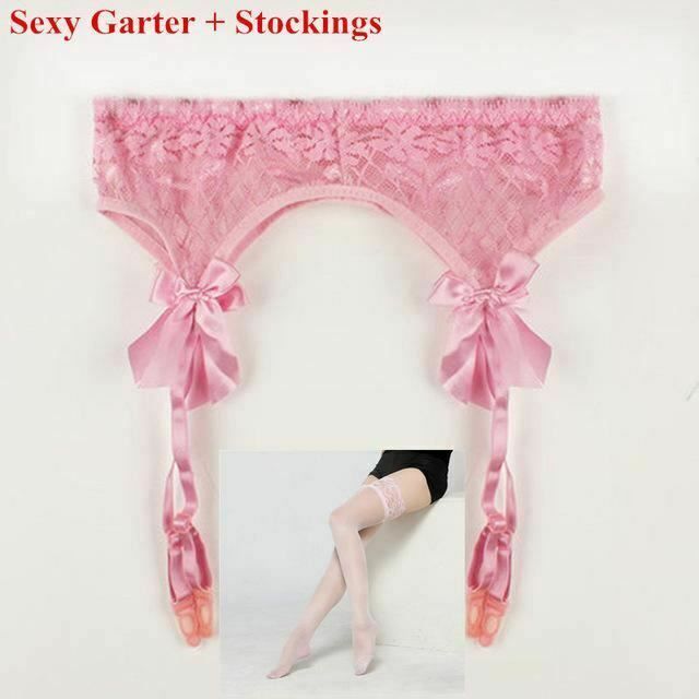 House Of Dasein Lace Top Stockings Garter Belt Erotic Lingerie Bdsm Fetish - Pink - Stocking Set
