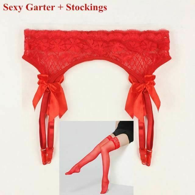 House Of Dasein Lace Top Stockings Garter Belt Erotic Lingerie Bdsm Fetish - Red - Stocking Set
