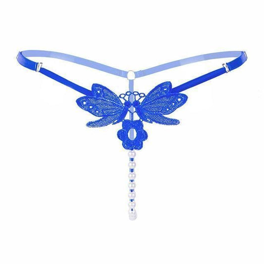 House Of Dasein Pearl G-String Crotchless Lace Panties - Blue