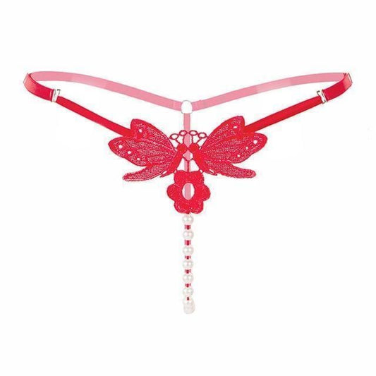 House Of Dasein Pearl G-String Crotchless Lace Panties - Red