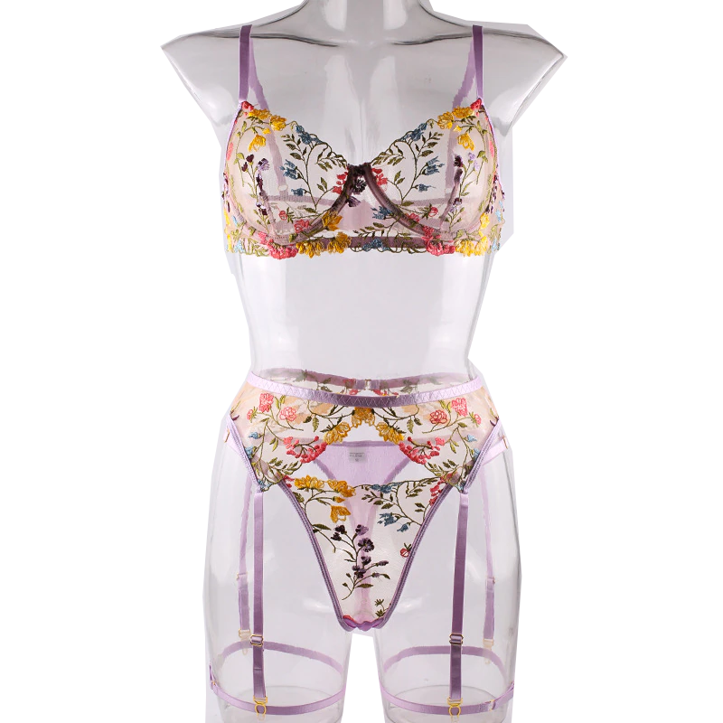 House Of Dasein Bright Cheery Fun Floral Lingerie Garter Belt Panties Bra Sets - Purple - M