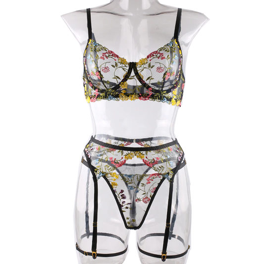 House Of Dasein Bright Cheery Fun Floral Lingerie Garter Belt Panties Bra Sets - Black - S
