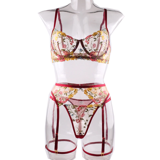 House Of Dasein Bright Cheery Fun Floral Lingerie Garter Belt Panties Bra Sets - Burgundy - S
