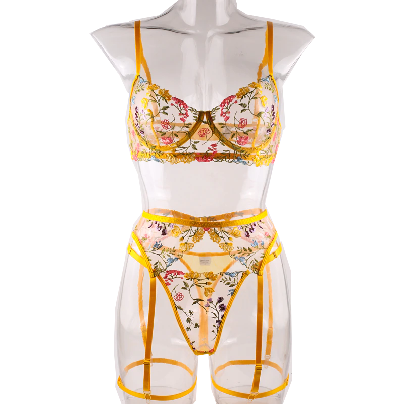House Of Dasein Bright Cheery Fun Floral Lingerie Garter Belt Panties Bra Sets - Yellow - L