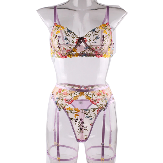House Of Dasein Bright Cheery Fun Floral Lingerie Garter Belt Panties Bra Sets - Purple - S
