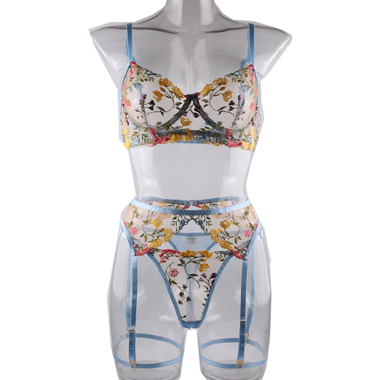 House Of Dasein Bright Cheery Fun Floral Lingerie Garter Belt Panties Bra Sets - Sky Blue - L