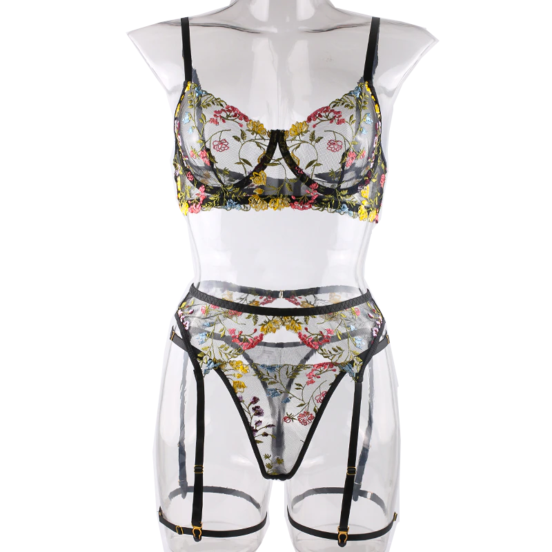 House Of Dasein Bright Cheery Fun Floral Lingerie Garter Belt Panties Bra Sets - Black - M