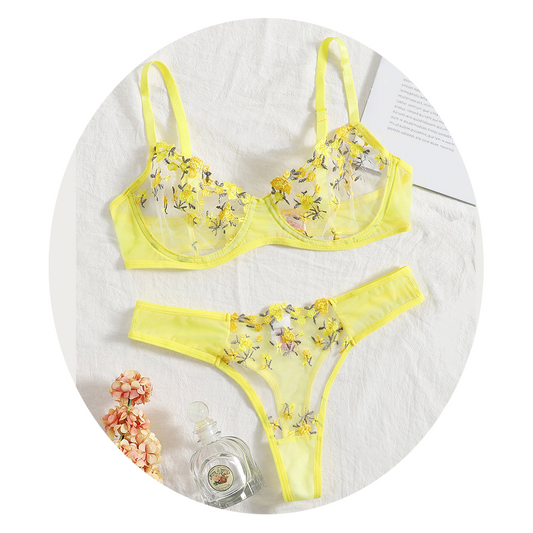 House Of Dasein Sexy Sheer Delicate Floral Embroidery Transparent Lingerie Bra Panties Set - Yellow - L
