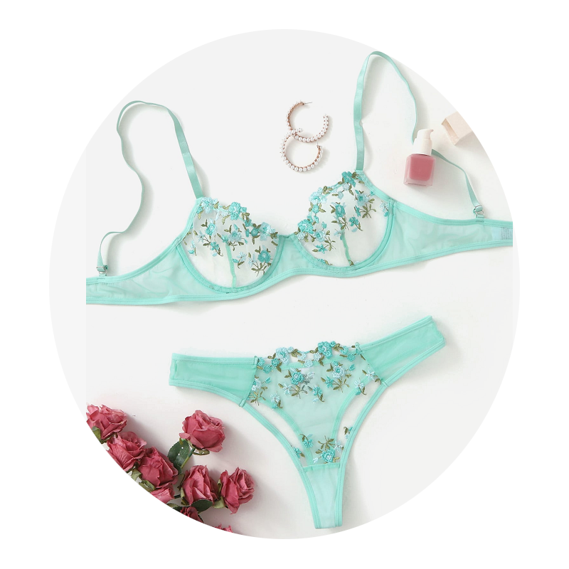 House Of Dasein Sexy Sheer Delicate Floral Embroidery Transparent Lingerie Bra Panties Set - Mint - L