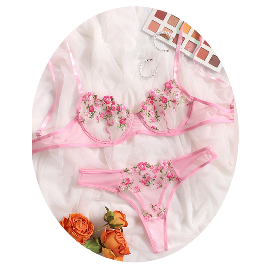 House Of Dasein Sexy Sheer Delicate Floral Embroidery Transparent Lingerie Bra Panties Set - Light Pink - L