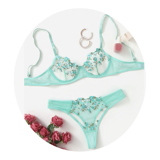 House Of Dasein Sexy Sheer Delicate Floral Embroidery Transparent Lingerie Bra Panties Set - Mint - S