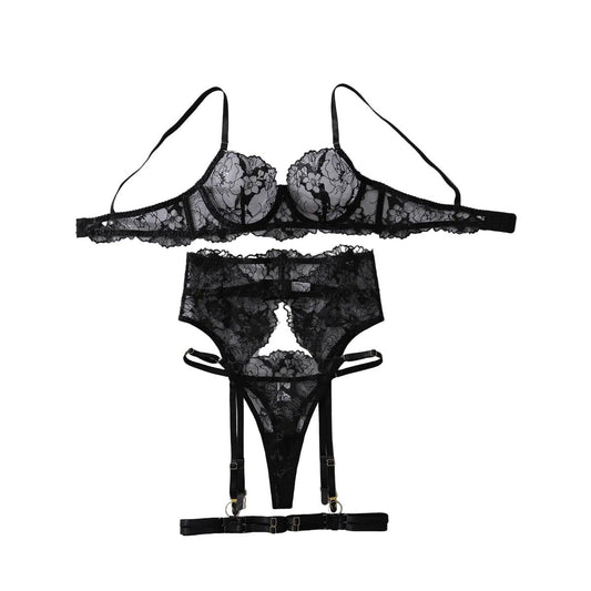 House Of Dasein Embroidered Lace Perspective Gathering Slimming And Shaping Sexy Lingerie Set With Steel Ring - Black - S