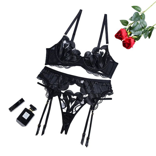 House Of Dasein Lace Mesh Embroidery Sexy Lingerie Gathering Straps Three Piece Set Shaping Body - Black - S