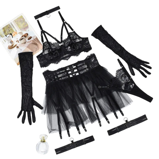House Of Dasein Sexy Lingerie Lace See Through Mesh Fluffy Skirt Six Piece Set For Women - Black - M