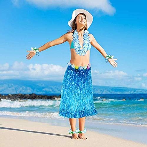 Yansanido 4 Pcs Blue Hawaiian Leis with Green Leaves for Graduation Party, Dance Party, Photo Prop in Outdoors (Blue)