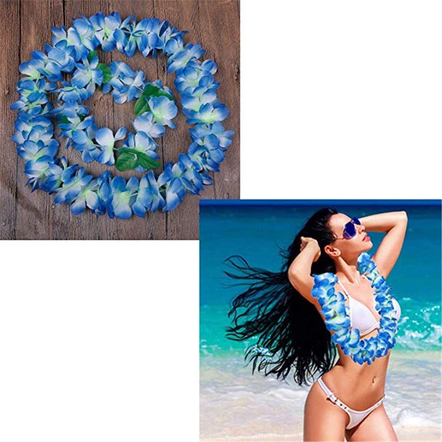 Yansanido 4 Pcs Blue Hawaiian Leis with Green Leaves for Graduation Party, Dance Party, Photo Prop in Outdoors (Blue)