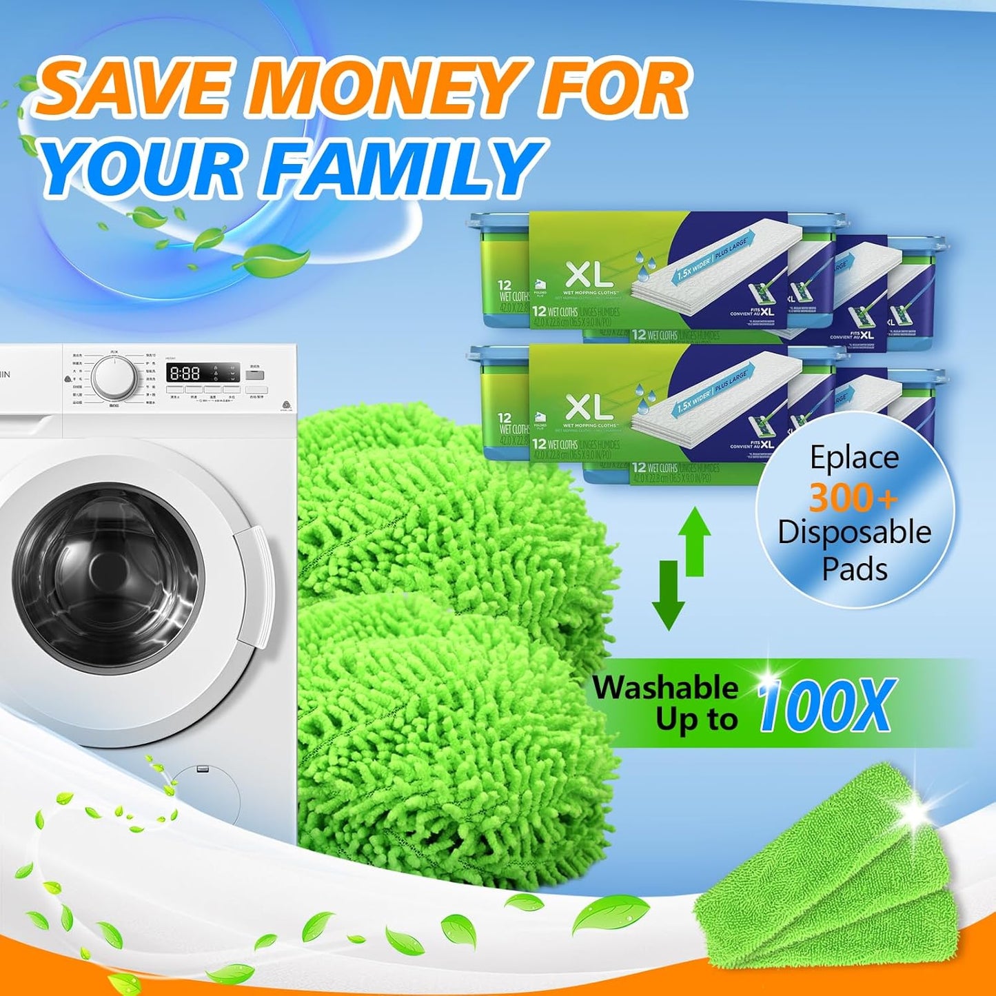 50 Count Disposable XL Dry Sweeping Cloths + 4 Pack Reusable Microfiber Mop Pads for Swiffer Sweeper XL Mop (Mop is not Included)