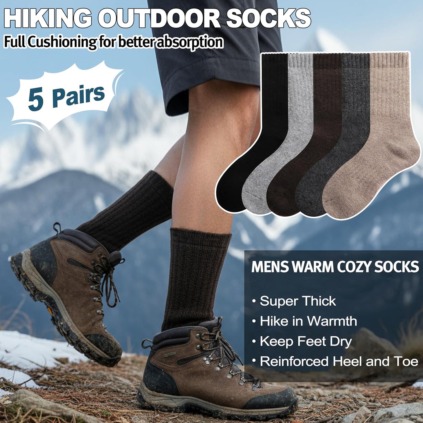 Men Merino Wool Socks Super Thick Thermal Hiking Winter Warm Boot Heavy Soft Cozy Socks for Cold Weather