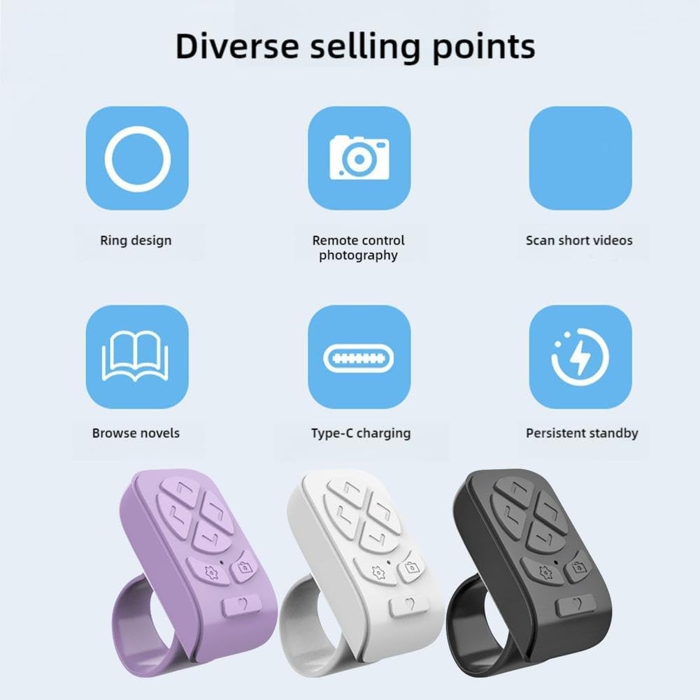 for TIK-Tok Remote Control Ring,Wireless Page Turner,Bluetooth Remote Control Ring Finger Scroller,Finger Clicker for Phone Scrolling, for Videos,Photos,Novels (Purple)