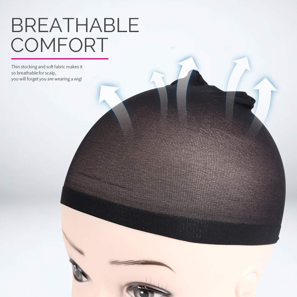 Wig Cap, Nylon Wig Caps, 4 Pieces Stocking Wig Caps or Women (Black）
