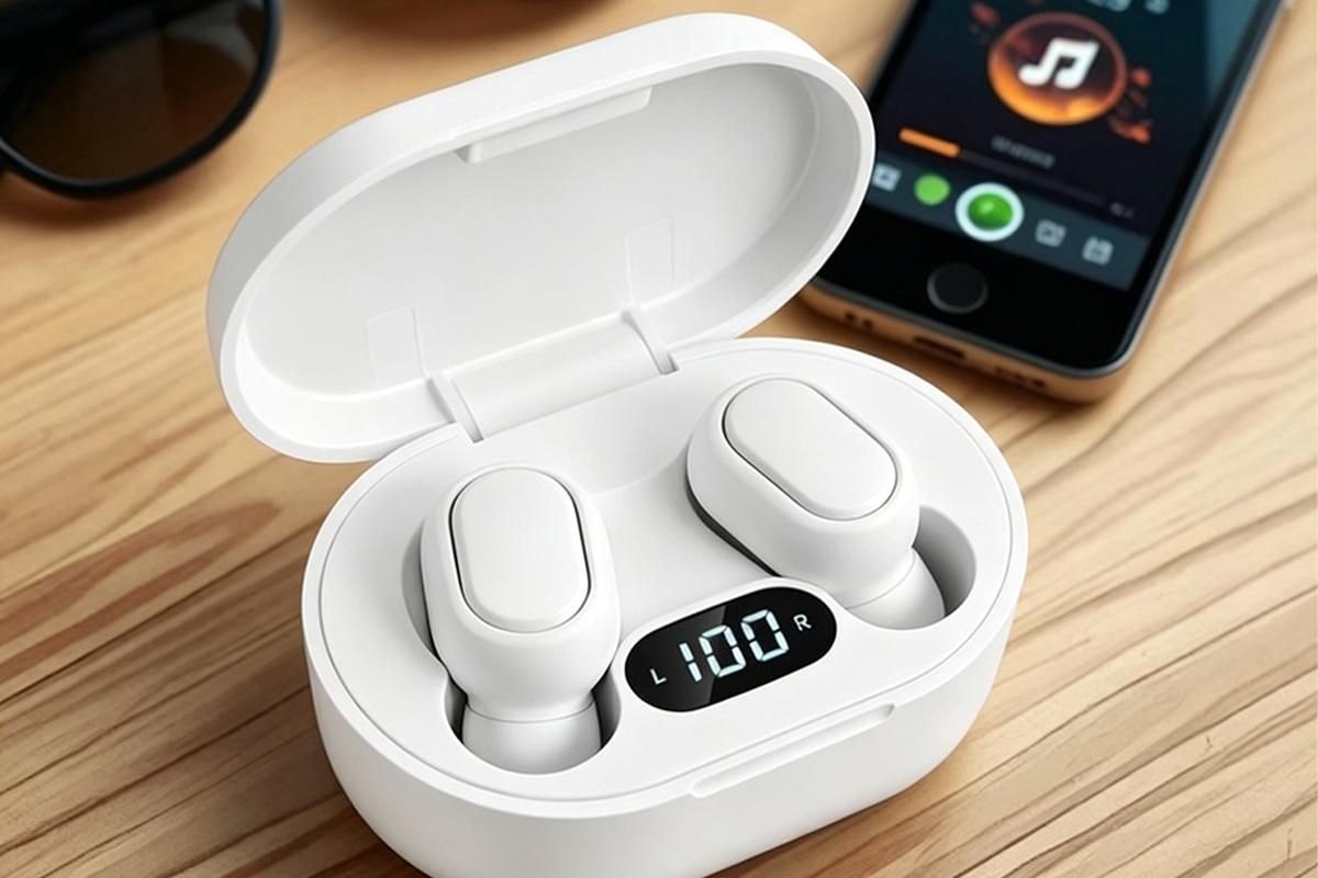 Bluetooth 5.1 Wireless Earbuds with LED Display IPX4 Waterproof Headphones-White