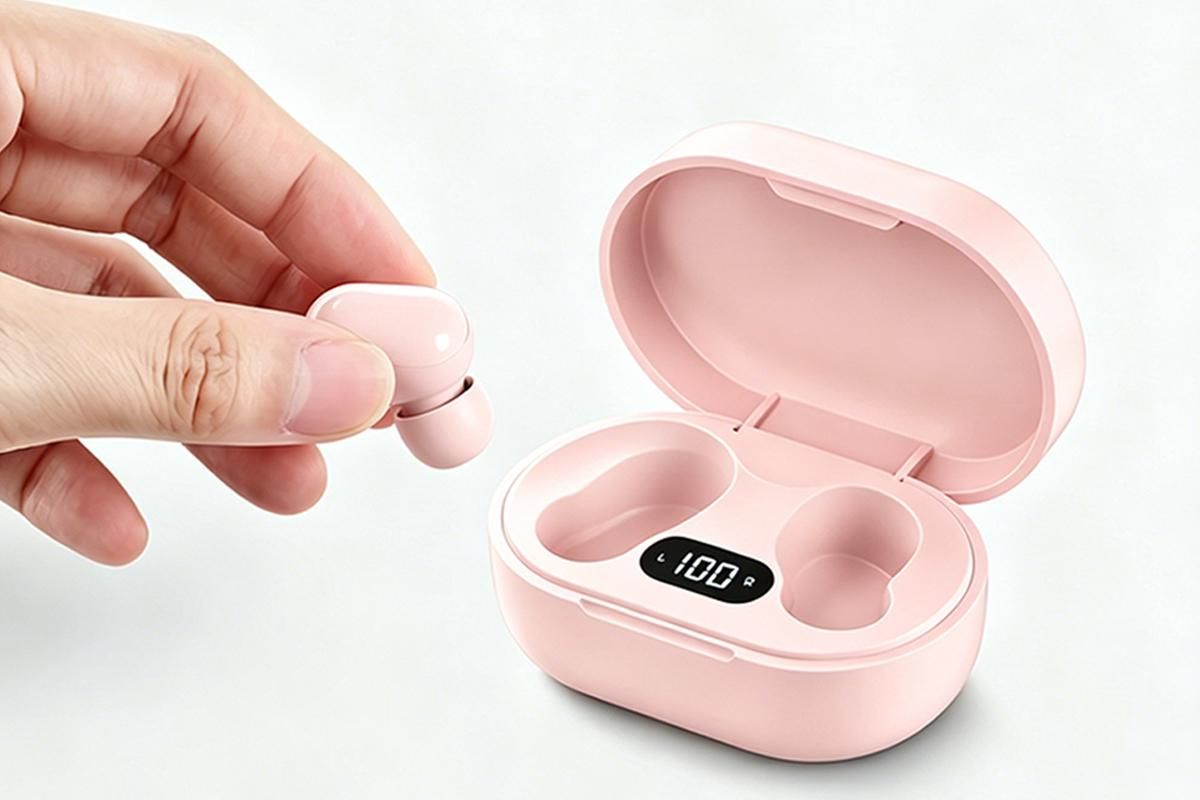 Bluetooth 5.1 Wireless Earbuds with LED Display IPX4 Waterproof Headphones-Pink