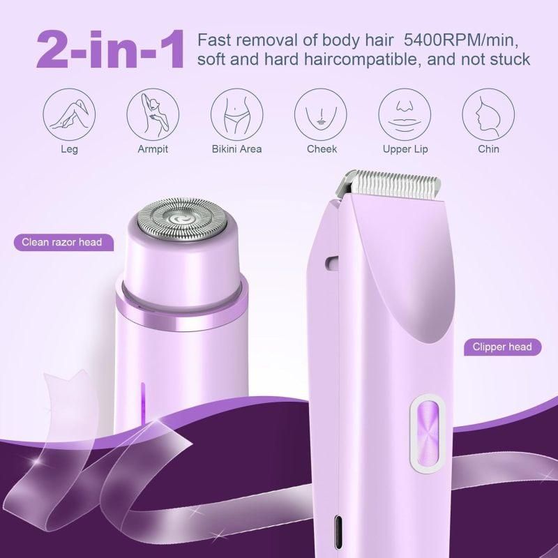 2-in-1 Electric Women's Shaver for Private Care, Bikini Trimmer, Painless & Wet/Dry, Rechargeable - Pink