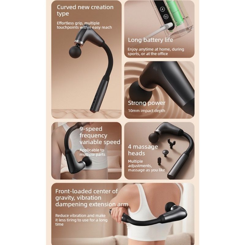 U-Shaped Extended Handle Fascia Gun, 9-Speed Variable Electric Deep Tissue Massager for Back, and Body Relief—Silver