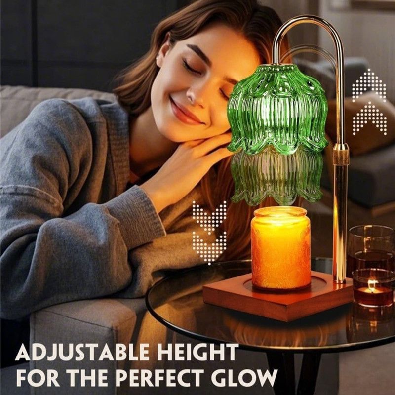 Lotus-Shaped Adjustable Timed Dimmable Candle Warmer Lamp, Wood Base Aroma Table Lamp, Candle Not Included - Blue-Red