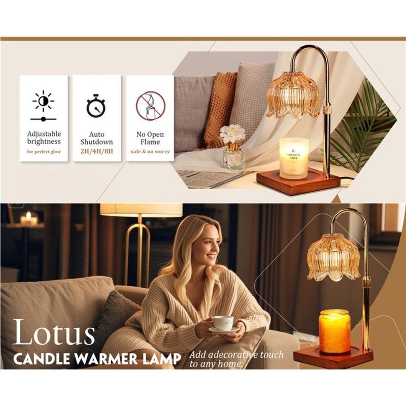 Lotus-Shaped Adjustable Timed Dimmable Candle Warmer Lamp, Wood Base Aroma Table Lamp, Candle Not Included - Clear