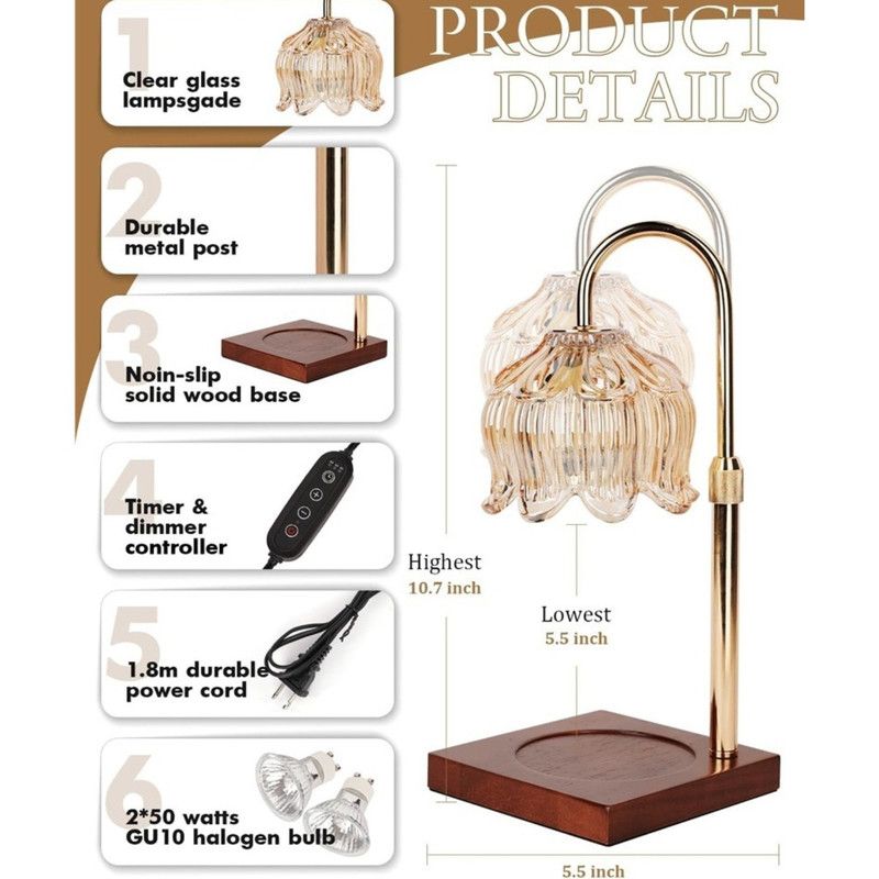 Lotus-Shaped Adjustable Timed Dimmable Candle Warmer Lamp, Wood Base Aroma Table Lamp, Candle Not Included - Clear
